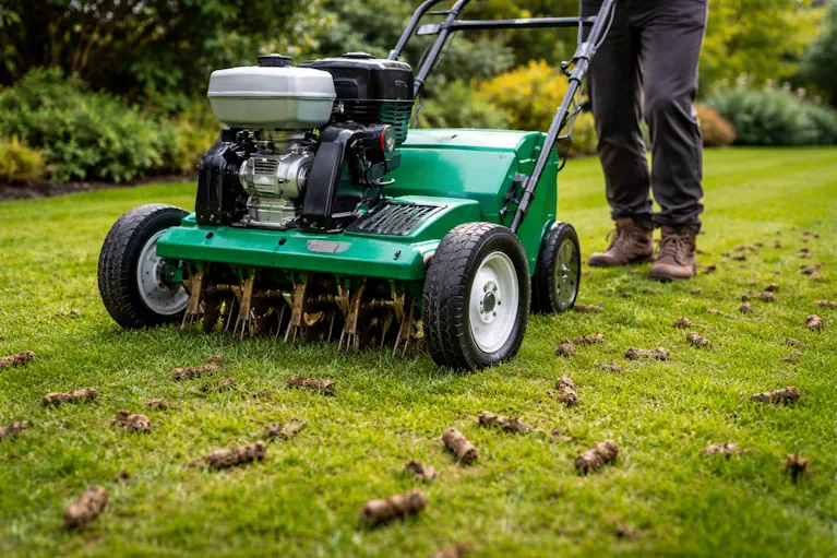 Lawn aerator at work improving drainage