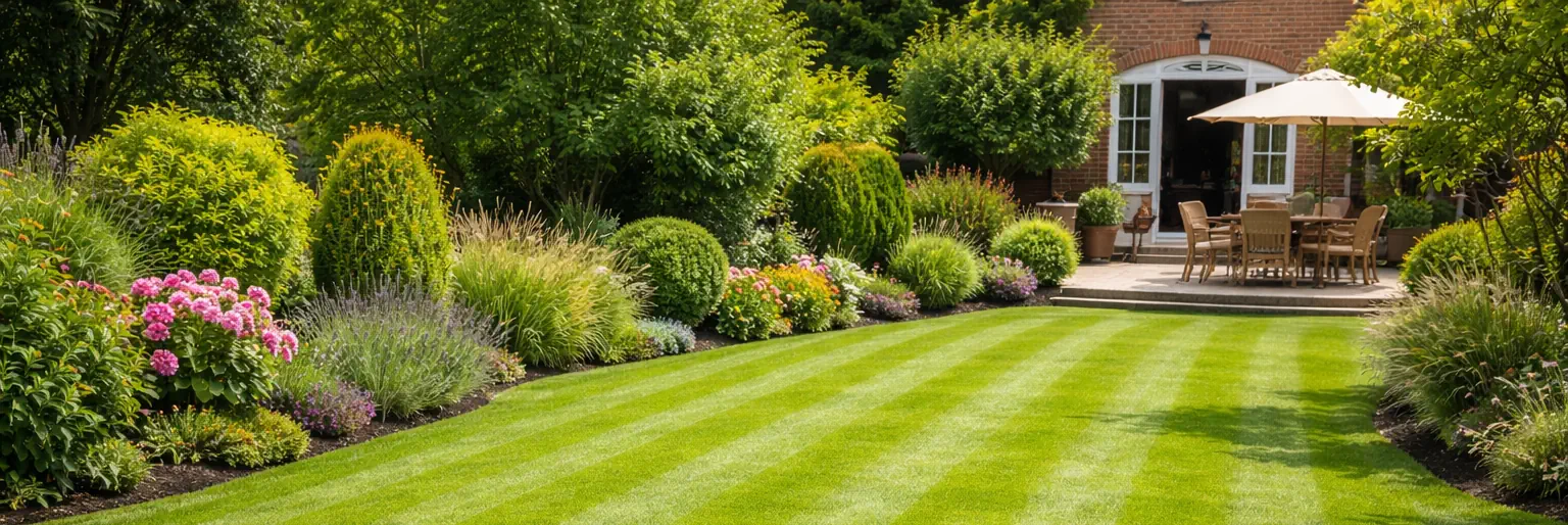 Healthy striped lawn in a Gateshead garden after professional lawn care treatment