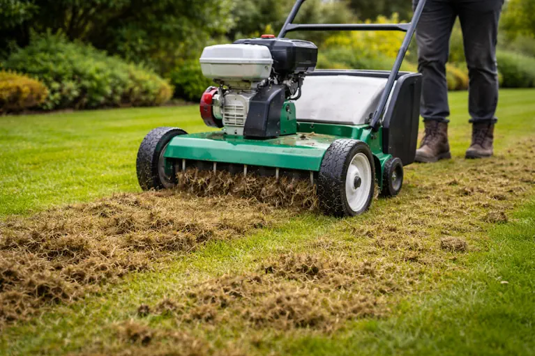 Lawn scarifier at work removing moss